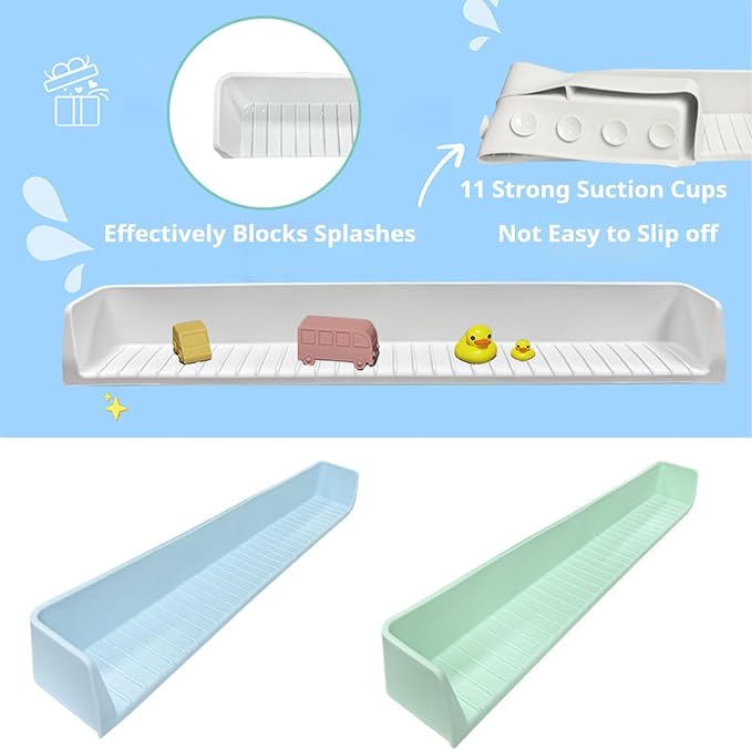Bathtub Splash Guard for Kids – Silicone Bath Tub Splash Guard with Suction Cups, Play Shelf & Toy Holder, Fun Bath Time for Toddlers Baby (Blue)