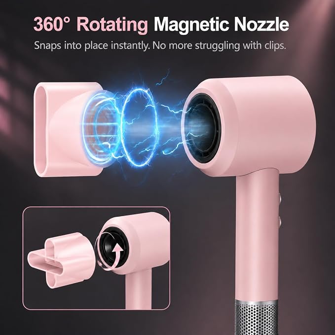 High Speed Hair Dryer with Magnetic Nozzle, Smart Hot & Cold Cycle Ionic Blow Dryer, Low Noise Lightweight Travel Pink Hairdryer, 105K RPM Brushless Motor for Fast Drying