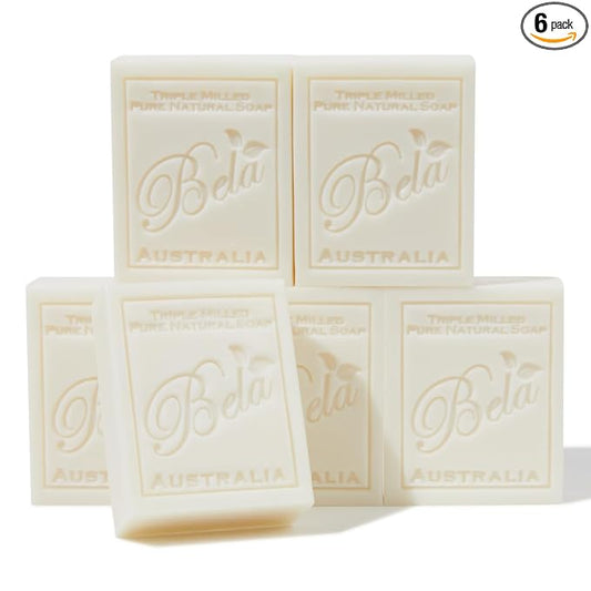 BELA Extra Creamy Goat Milk Soap 3.3 OZ Pack of 6, Long Lasting French Triple Milled Bar Soap Enriched with Organic Shea Butter, Hand, Face and Body Wash Bar, Made in Australia