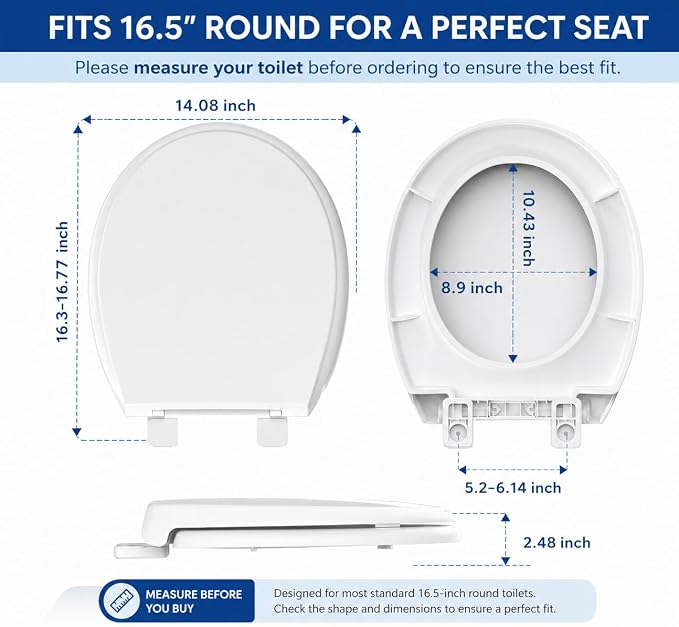 Round Toilet Seat 16.5 Inch, Soft Close Toilet Seat, Quiet No Slam Toilet Lid, Easy Install & Quick Release, Durable PP Plastic, Easy Clean, Fits Most Standard Round Toilets, White