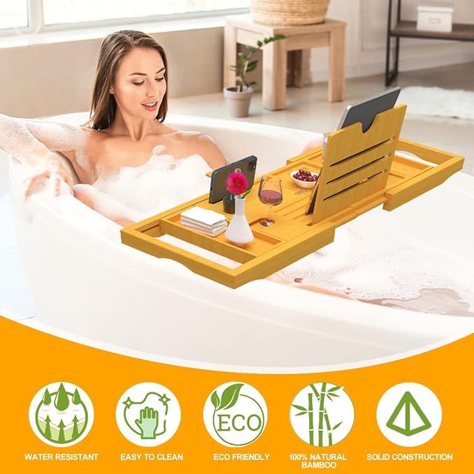 Premium Bathtub Tray Caddy - Bath Tray Bamboo Expandable - Bath Tub Tray Table for Bathtub - Expandable Size, Fits Most Bath Tubs - Natural Bamboo Wood