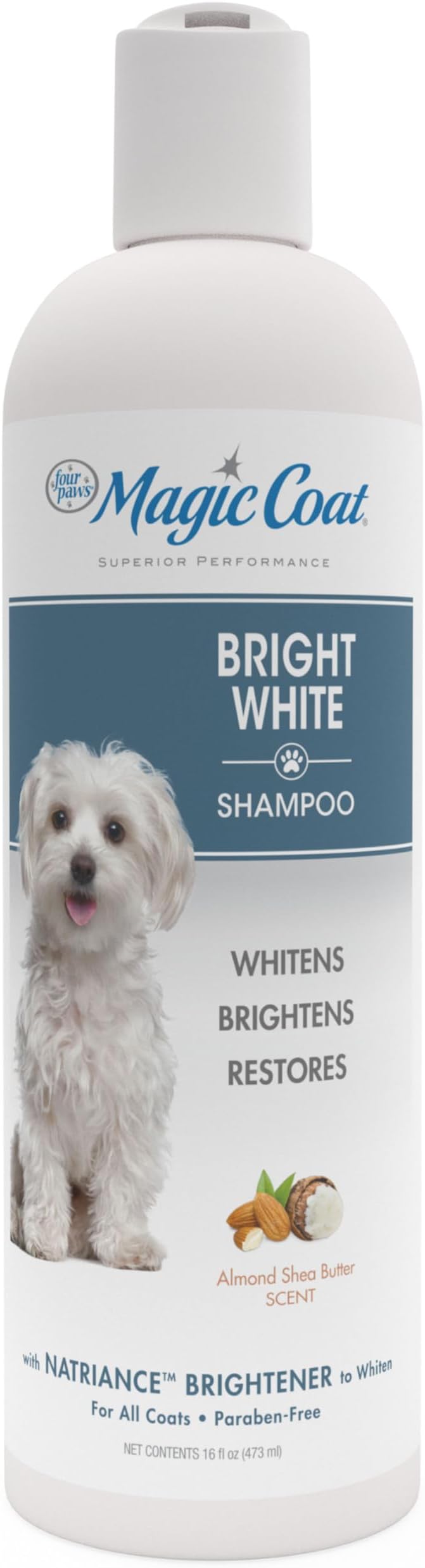 Four Paws Magic Coat Bright White Dog Shampoo, Almond Shea Butter Scent | 16 oz, brightening dog wash, removes tear stains, dog conditioner, removes discoloration & whitens coat, all coat types