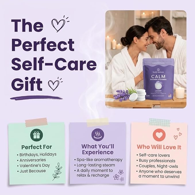 BodyRestore Shower Steamers Aromatherapy, Self Care Gifts, Calm 15 Pack | Birthday Gifts for Women & Men, Spa Relaxation & Stress Relief Sleep Care, Lavender Essential Oil Tablets