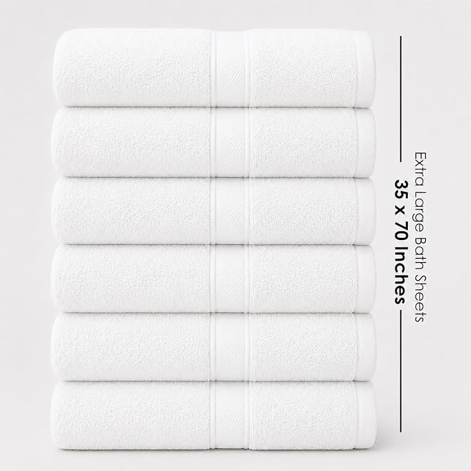 Terry Bath Sheet Set of 6 White Bath Towels Set 35x70 Inches, 100 Combed Long Staple Cotton 600 GSM Highly Absorbent Ultra Soft Oversized Large Luxury Hotel & Spa Quality Bathroom Towels Set