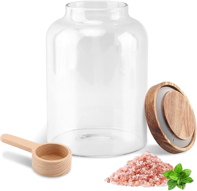 Bath Salts Glass Jar, Bath Salt Container with Wooden Lid and Scoop, Glass Food Storage Jars for Home Decor,Tea,Spice,Cereal, Egg,Flour,Coffee(73 oz,Clear)