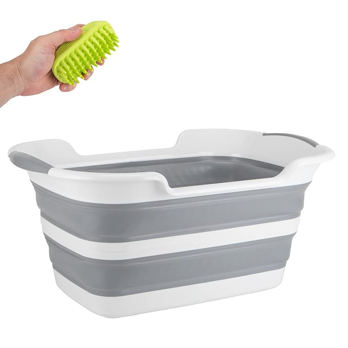 Collapsible Pet Bathtub with Water Drainage Hole and Plug - Foldable Plastic Basket, Wash Basin, Washing Station for Small Dogs Cats, Space Saving, Organizer, Bucket, Bin, Storage