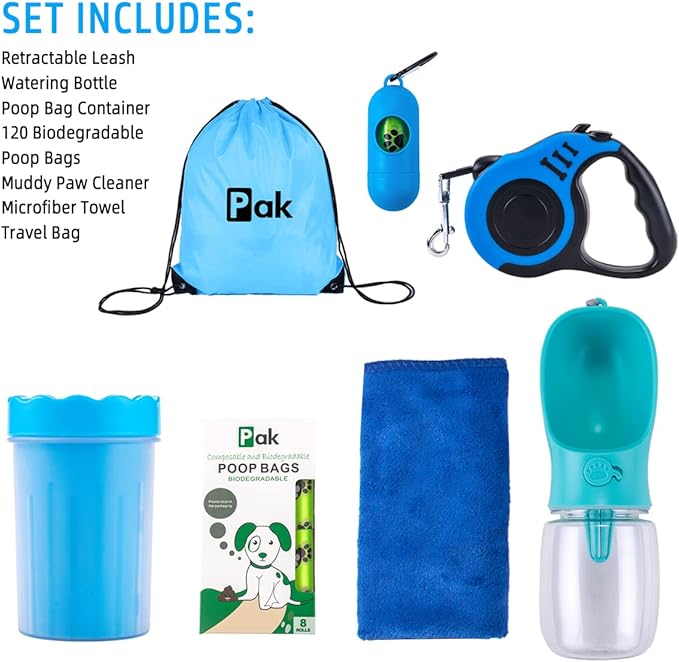 Pak Pooch Pack - Retractable Leash, Water Bottle, Paw Cleaner, Poop Bags - Small Dog Leash, Portable Dog Water Bottle