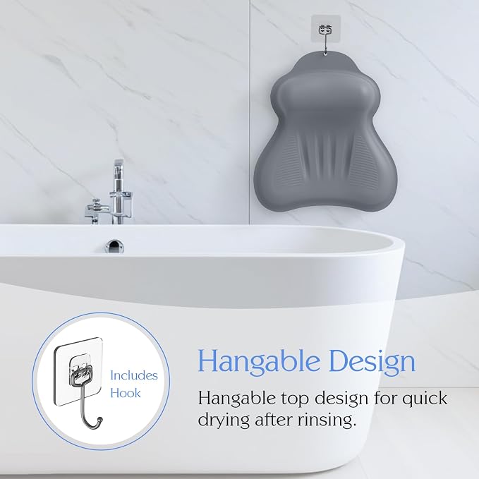 Silicone Bath Pillow, New Material Bath Pillows for Tub Head Neck and Back Support, Bath Tub Pillow with 4D Press Inflatable Airbag and Non-Slip Strong Suction Cups, Quick-Drying, Easy to Store, Gray