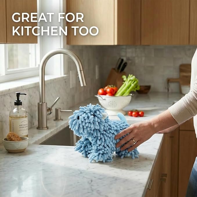 Cute Dog Chenille Hand Towel, 3D Fuzzy Puppy Hangable Ball Hand Towel Microfiber Super Soft Absorbent Bathroom & Kitchen Towels with Hanging Loop, Can Be Placed on the Sink Countertop (Blue)