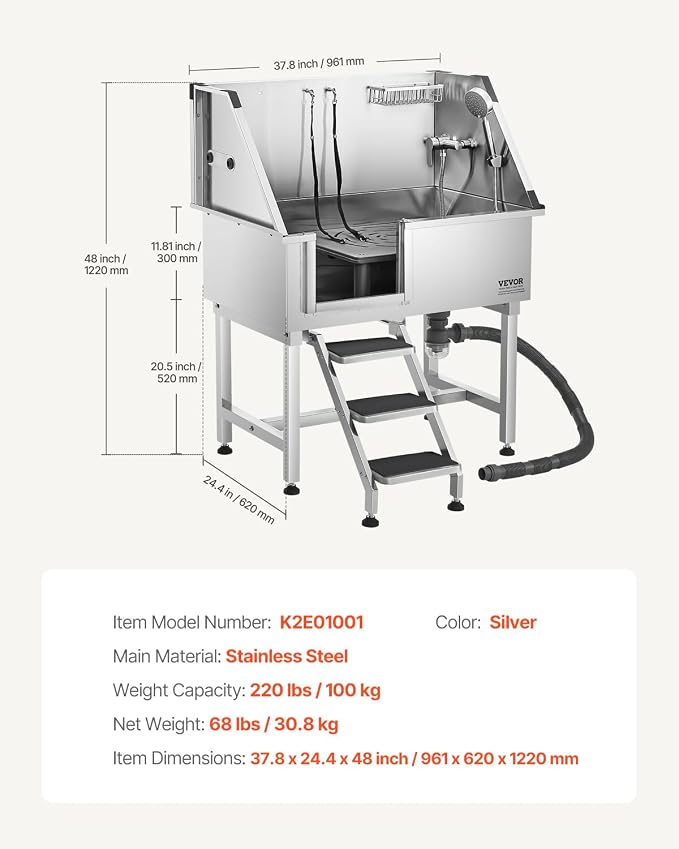 VEVOR 38 Inch Stainless Steel Dog Washing Station, Pet Grooming Tub with Hot & Cold Faucet, Showerhead, Home Wash Sink, Fits Small and Medium Cats and Dogs, Non-Slip Stairs (Left Door)