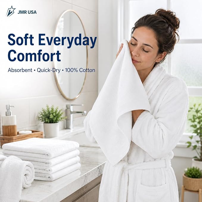 JMR White Bath Towels Bulk Pack of 12 (24x48) - 100% Cotton Lightweight & Quick-Dry Cotton Towels for Hotel, Rental Properties, Gym & Commercial Use