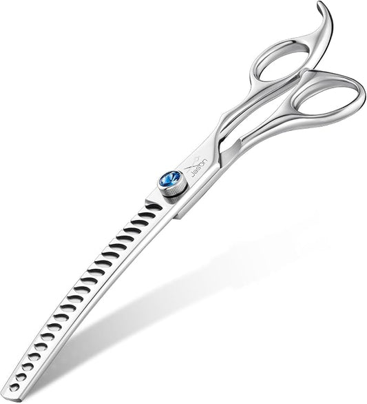 JASON Curved Dog Grooming Chunker - 7" Ergonomic Dog Grooming Scissors - Silver - 440C Stainless Steel - Professional Dog Shears For Groomer