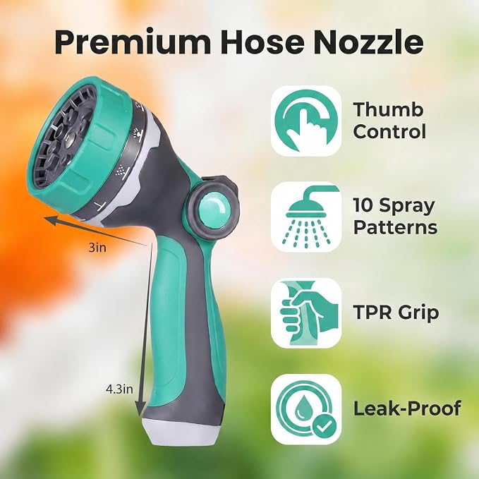 Garden Hose Nozzle, Thumb Control Water Hose Nozzle with 10 Spray Patterns, Slip Resistant High Pressure Sprayer Nozzle for Plants & Lawns Watering, Car Wash and Pet Shower, Friend for Older-Green