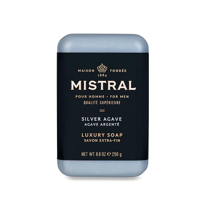 Mistral Silver Agave Luxury Bar Soap for Men | Men’s Natural Soap Bar | Paraben, Phthalates Free | Moisturizing & Triple-Milled Natural Soap for Men - Made in France | Large, 8.8 oz