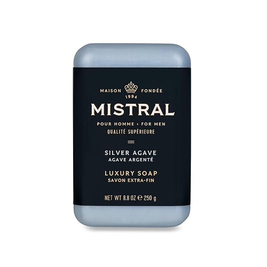 Mistral Silver Agave Luxury Bar Soap for Men | Men’s Natural Soap Bar | Paraben, Phthalates Free | Moisturizing & Triple-Milled Natural Soap for Men - Made in France | Large, 8.8 oz