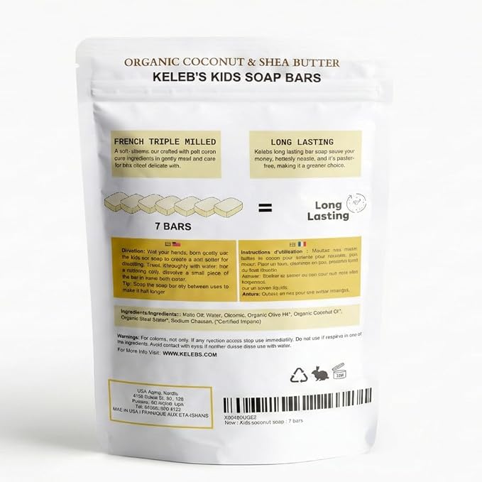 KELEBS Unscented Kids Soap Bar 7-Pack – Organic & Gentle Trio Oil Body Wash for Children – Soothes Dry & Delicate Skin – Only 7 Natural Ingredients