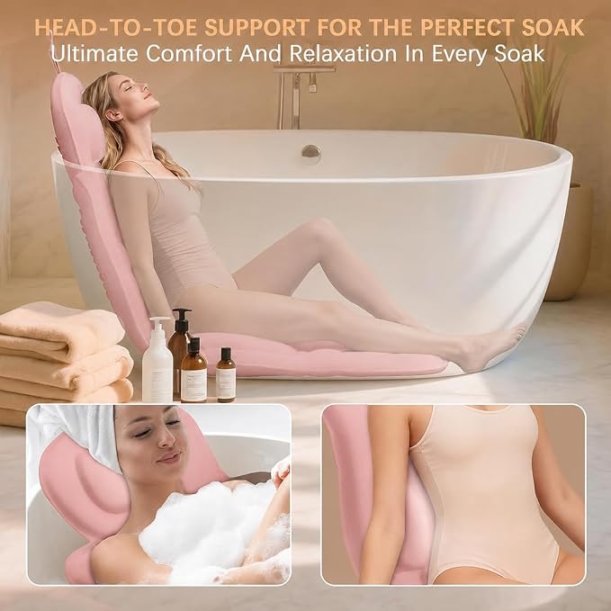Full Body Bath Pillow for Bathtub - Thick Bathtub Cushion, Bathtub Pillow with 114 Suction Cups, 5D Air Mesh Bath Pillows for Tub Full Body, Head Neck Back Support, Pink 59 x 20 in