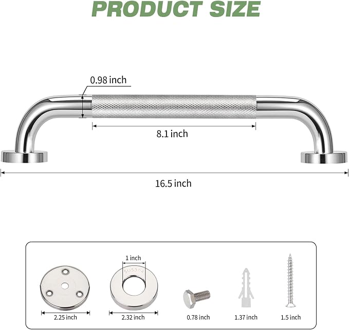 16 Inch Anti Slip Shower Safety Handle for Bathroom, Stainless Steel Shower Support Bar Holds up to 500LBs, Bath Safety Assist Handles for Handicap Elderly Injury Pregnant