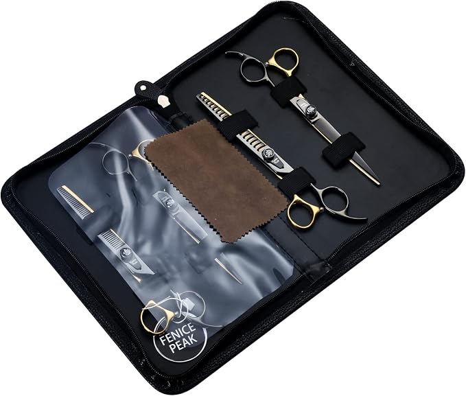 8'' Black and Gold Two-color Dog Grooming Scissors Set Straight Thinning Curved and Chunker Shears 4PCS Set with Pattern Screw and Ergonomic Offest Handle 440C Sharp and Durable
