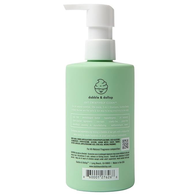 Dabble & Dollop Honeydew Melon Kids 3-in-1 Body Wash, Shampoo & Bubble Bath – Tear-Free, Gentle, Natural-Origin, Hypoallergenic and Safe for Sensitive Skin (10 fl oz, Pack of 2)