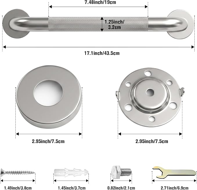 16Inch Shower Grab Bar for Seniors 2 Pack,1.25'' Diameter 304 Stainless Steel Heavy Duty Anti-Slip Bathroom Safety Handicap Grab Bar for Shower, Bathtub & Toilet, Wall Mounted, Supports 500lbs