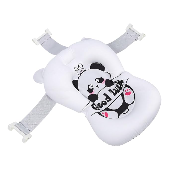 Dpofirs Baby Bath Cushion Pad Non Slip Foldable Infant Bathing Seat Support Mat with Wedge Pillow for Newborn Toddlers, Soft Cotton Bath Tub Mat for Head Neck Back Safety Buckle (Panda Pattern)