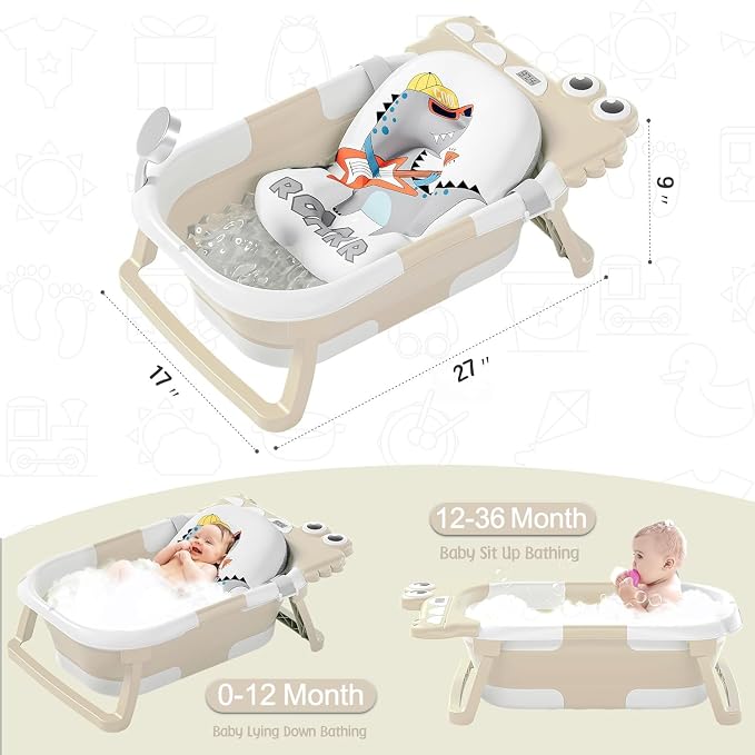 TPN Collapsible Baby Bathtub, Baby Bath Tub with Soft Cushion & Real-Time Thermometer, Baby Bathtub Infant to Toddler Tub (0-36 Months), Portable Newborn Travel Bath Tub