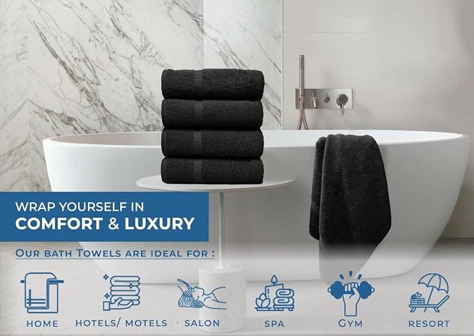 DAN RIVER Large Bath Towels Set of 4, 27 x 54 Inches, 600 GSM Larger & Lighter Weight Towels for Bathroom - Highly Absorbent & Quick Dry 100% Cotton Bath Towel Set for Home, Gym, Spa & Hotel - Black
