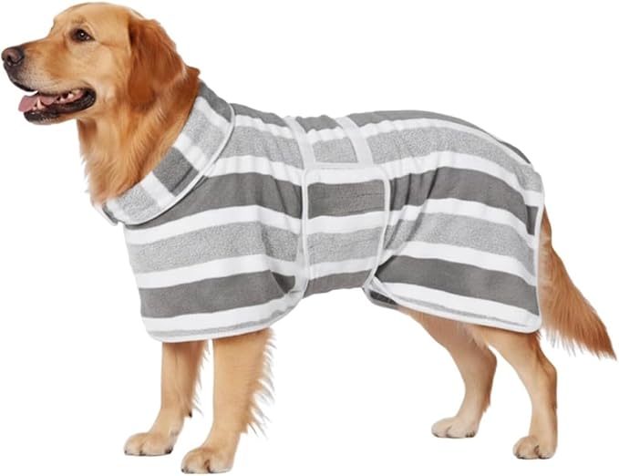 Quick-Drying Dog Bathrobe - Striped Super Absorbent Pet Towel Robe with Adjustable Belly Band,1-Piece Design,Super-Soft Fast-Drying Fabric,for Small Medium Large Dogs Post-Bath Grooming (Gray,XXXL)