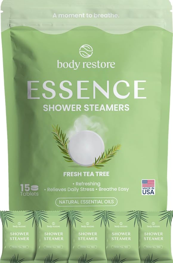 BodyRestore Shower Steamers Aromatherapy, Self Care Gifts, Essence 15 Pack | Birthday Gifts for Men, Spa Stress Relief & Relaxation, Refreshing & Cooling,Green Tea Essential Oil Tablets