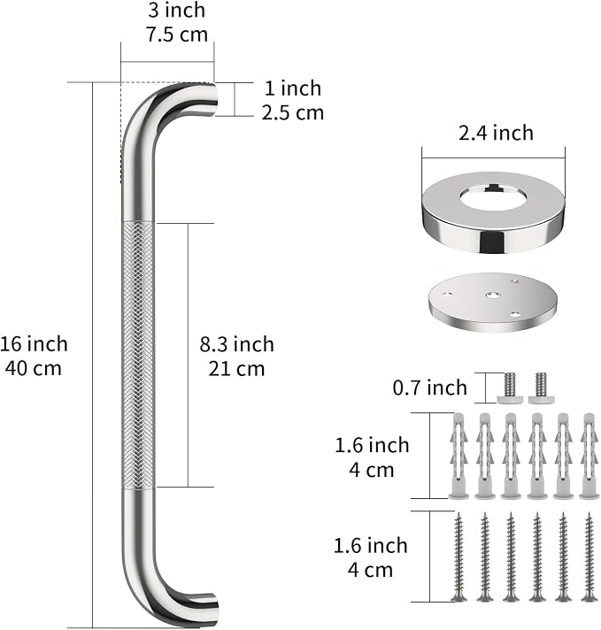 2 Pack 16 Inch Anti Slip Shower Grab Bar Handle, ZUEXT Chrome Stainless Steel Bathroom Grab Bar, Knurled Bathroom Balance Bar,Safety Hand Rail Support,Handicap Elderly Injury Senior Assist Bath Handle