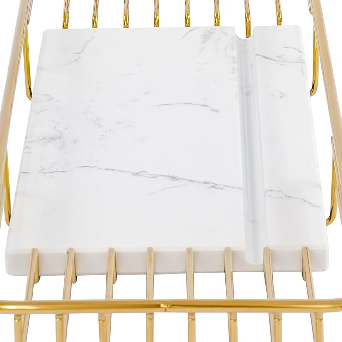 Bathtub Tray Caddy for Luxury Bath, Stainless Steel 26.8-35.4 in Expandable Extra Wide Bath Tub Tray with Natural Marble and Mobile/Tablet Stand, Ideal for Home Spa Lovers (Gold + White)
