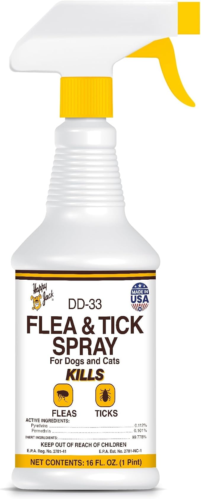 Happy Jack DD-33 Flea & Tick Spray for Dog & Cat, 16 oz | EPARN 2781-41, Water-Based Formula, Kills Fleas & Ticks Effectively, Gentle on Skin & Hair
