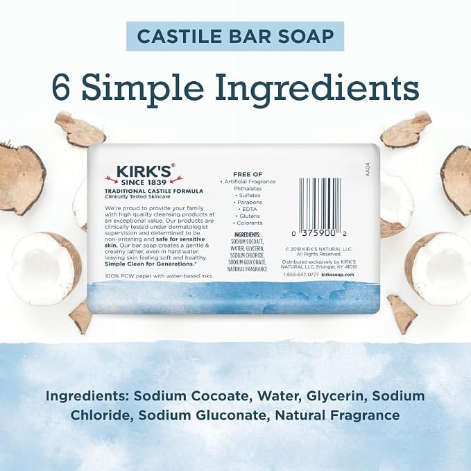 Kirk's Castile Bar Soap, Original Fresh Scent - Clinically Tested, Safe for Sensitive Skin with Coconut Oil, Vegan and Non-GMO - 4 oz Bars, 6 Pack and Fragrance Free Travel Bar