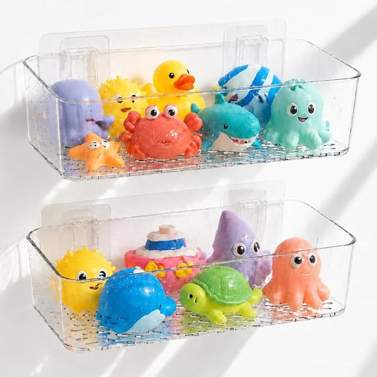 Bath Toy Storage Holder, 2 Pack Shower Toy Organizer for Bathtub with Drain Holes, Clear Quick Dry Caddy for Bathroom