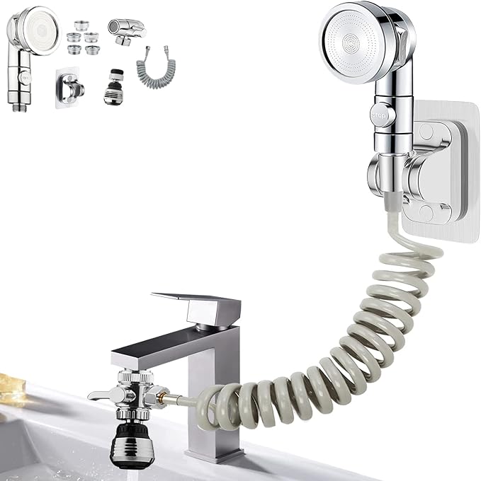 Sink Faucet Sprayer Attachment,Sink Shower Sprayer Attachment Set To Tub Faucet,ON/OFF Shower Head with (5 adapters),Sink Extension Hose Sprayer for Laundry Bathroom Kitchen