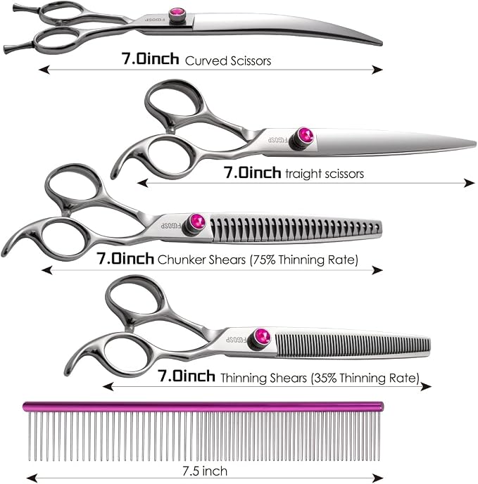 Dog Grooming Scissors Kit 7 in Professional Curved Thinning Straight Chunkers Shears and Comb 5pcs Set for Grooming Dogs Cat Pet Japanese 440C Stainless Steel(7.0'',Kit)
