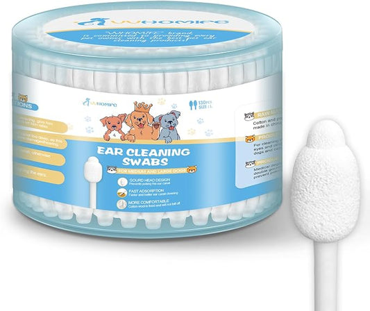 Large-Head Dog Ear Swabs, Gourd Cotton Tips, 130 pcs | Soft cotton-paper sticks in sealed packs for folds, paws, post-play cleanup, bathroom or travel.