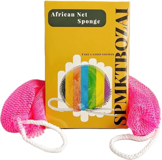 SPMKTBOZAI African Net Sponge Authentic, Exfoliating Body Scrubber Bath Sponge - Back Scrubber Washcloth for Shower with Travel Bag - Real African Scrub Exfoliator Body Care Bathing Accessories