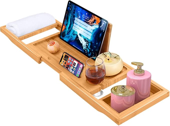 Bathtub Tray Caddy Expandable, Foldable Bath Tray, Bathtub Trays for Tub with Book, Wine Glass Holder, Anniversary House Warming Gifts, Relaxation, Bathroom Accessories, Fits Most Bathtubs Sizes