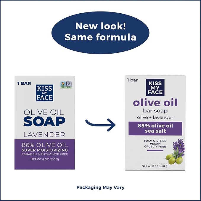Kiss My Face Olive Oil Bar Soap, Non-GMO Certified Vegan Soap Bar, Antioxidant Rich and Moisturizing Soap, Olive & Lavender, 8 Oz Bar