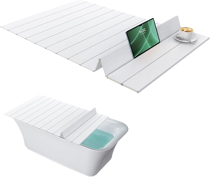 Foldable Bathtub Cover, Foldable PVC Tray - Waterproof Insulation Lid, Shutter Fits Most Standard Bathtubs, Holds Tablet, Wine Glass & Phone 150 x 70cm