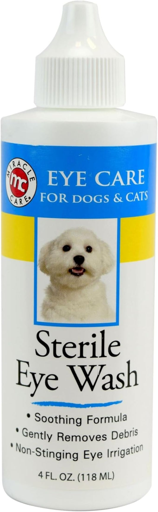 Miracle Care Sterile Eye Wash for Dogs and Cats, 4 Ounce | Non-Stinging Eye Drops Flush and Sooth Eye Irritation and Remove Debris, Safe for Use In and Around Eye Area