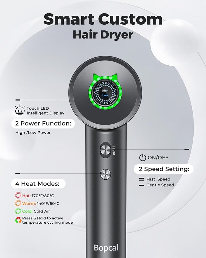 Bopcal Ionic Hair Dryer, 160000 RPM Brushless Motor, Smart Thermo-Control, Negative Ion Fast Drying, Quiet Lightweight Blow Dryer, Cold Air & 4 Heat Settings, for Home Travel Salon (Black)