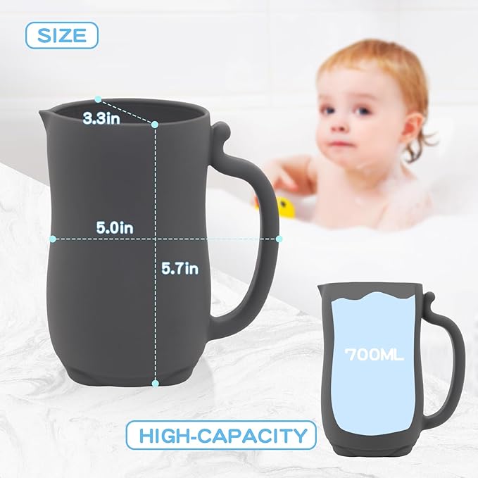 mandoo Baby Bath Rinse Cup - Food Grade Silicone - Shampoo & Body Washing Rinser Cup for Kids with Easy Grip Handle to Rinse Baby Shampoo and Soap - Baby Essentials (Dark Gray)