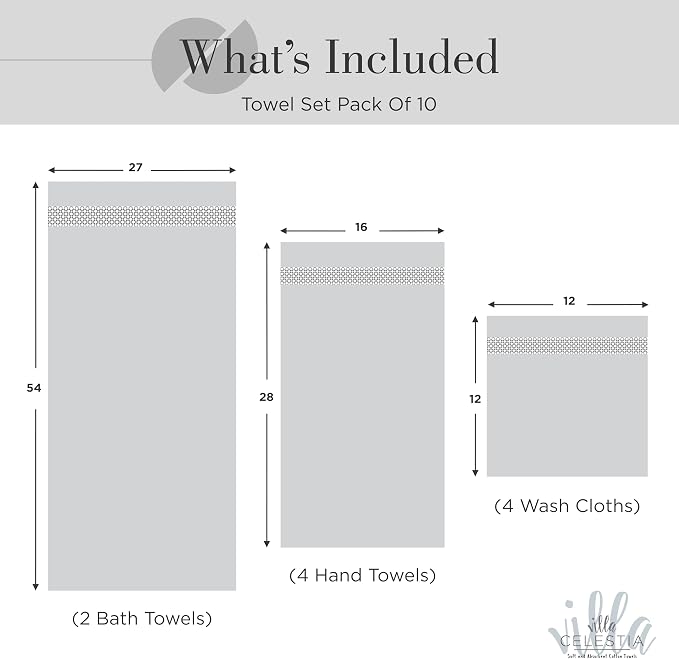 10-Piece 100% Cotton Towel Set, 2 Bath Towels, 4 Hand Towels, 4 Wash Cloth, Quick-Dry, Silver