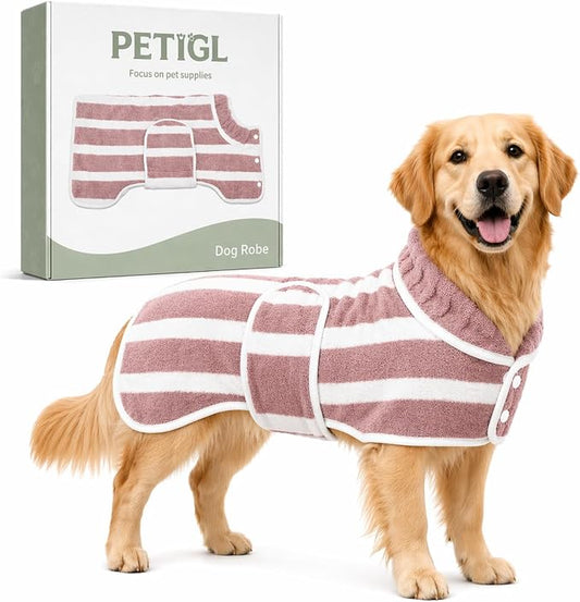 Dog Robe, Towels for Dogs After Bath, Dog Bathrobe for Drying Dogs, Fast Drying Super Absorbent Striped Dog Towel Wrap, Adjustable Warm Pet Bath Supplies (Red, Large)