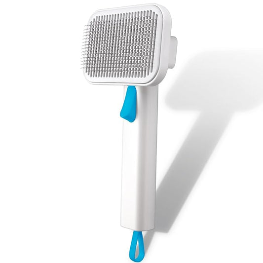 Self Cleaning Slicker Dog Cat Brush for Shedding - Deshedding Tool with Max Massage Tips, Grooming Brush for Short Medium Haired Cats & Dogs (Blue)