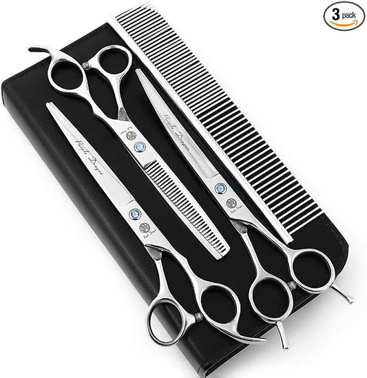 Purple Dragon 7.0 inch Rhinestone Decoration 3PCS Pet Grooming Scissors Dog Hair Cutting & Thinning Shears Set