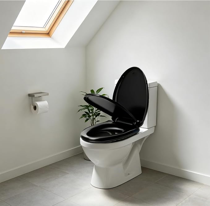 Black Toilet Seat Elongated, 18.5 x 14.2 Inch, Slow Close, Bottom-Mount Design, Fits 2-Piece Toilets, Durable & Easy to Install, PP Material Safe and Durable